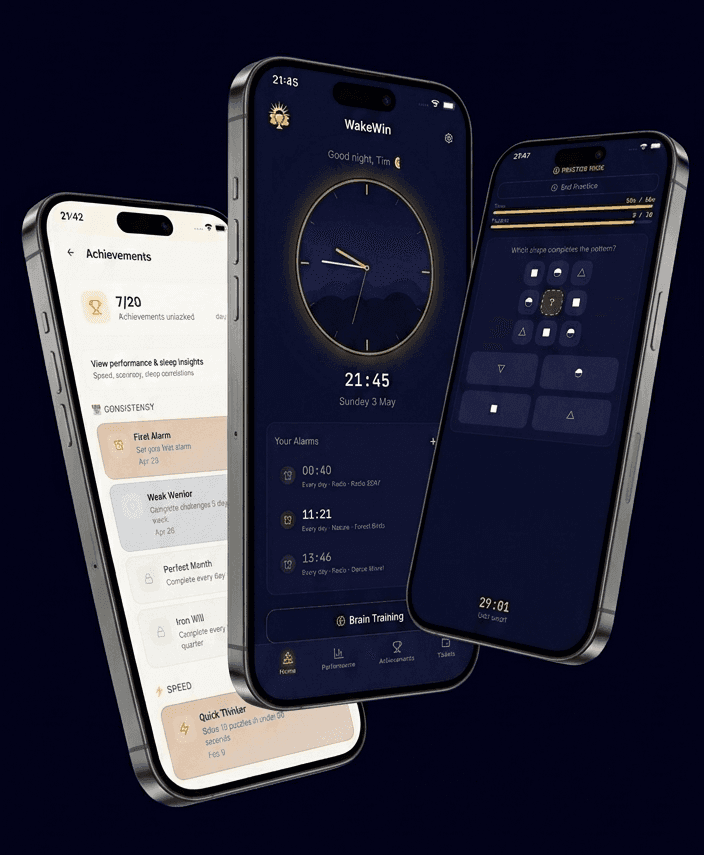 Achievements list, evening home screen, and a pattern-recognition puzzle