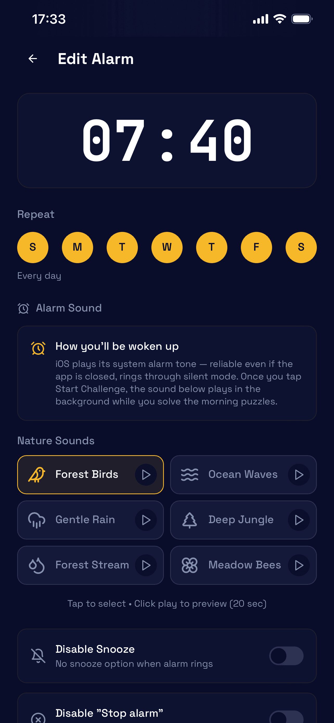 Setting an alarm: challenge sounds