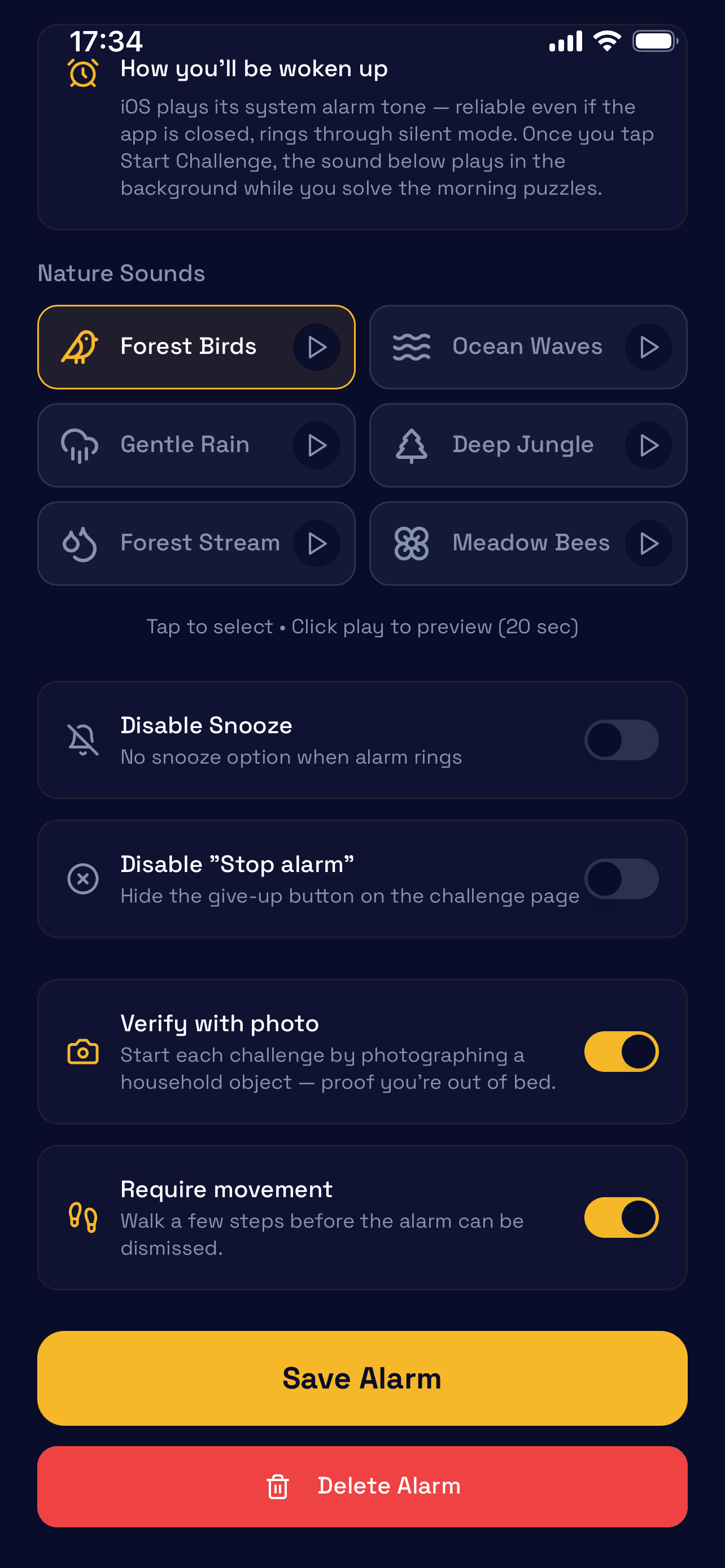 Alarm settings with nature sounds and the Verify with photo and Require movement switches