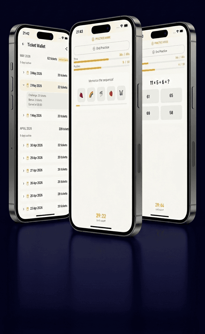 Ticket wallet history, plus practice-mode memory and math puzzles
